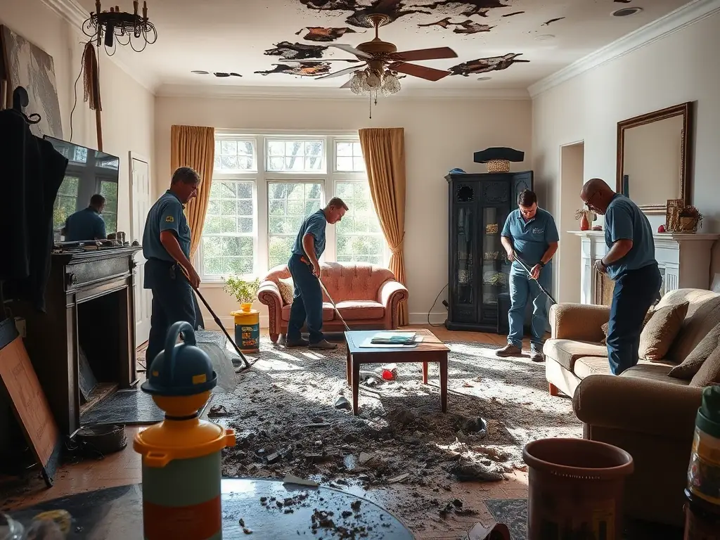 A fire-damaged living room with restoration workers cleaning soot and debris. The image should highlight the thoroughness of the cleanup process.