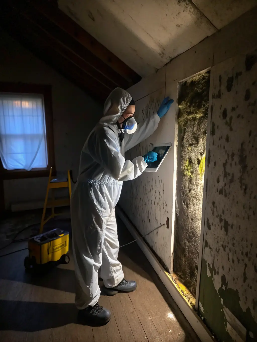 A close-up shot of technicians in protective gear inspecting mold growth in a damp basement, highlighting the thoroughness of the mold remediation service.