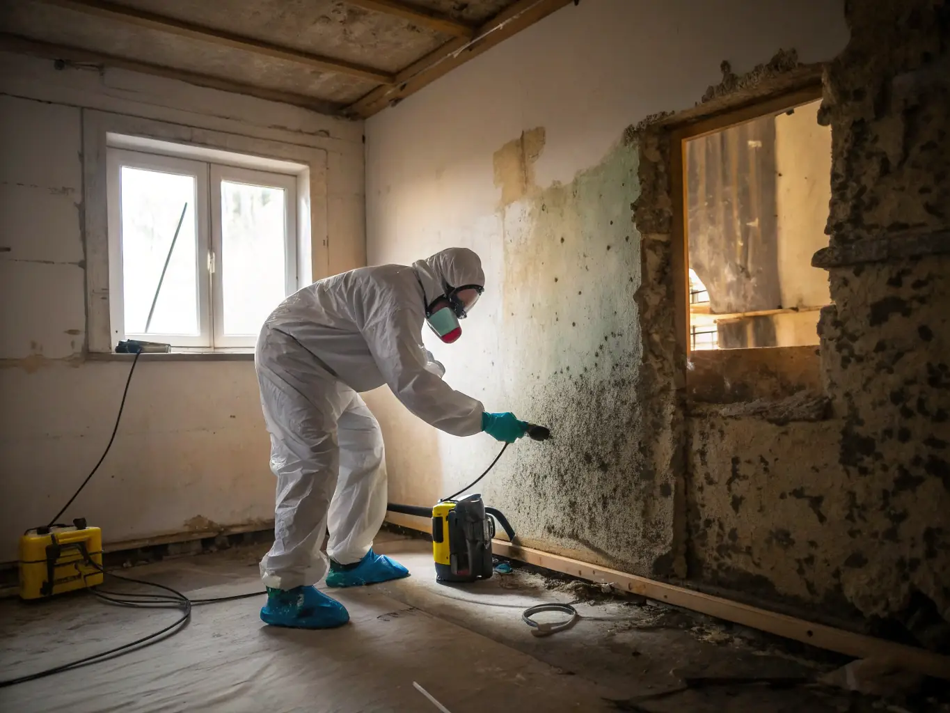 A home interior with visible mold growth being inspected by a mold remediation specialist. The image should emphasize the importance of professional mold removal.