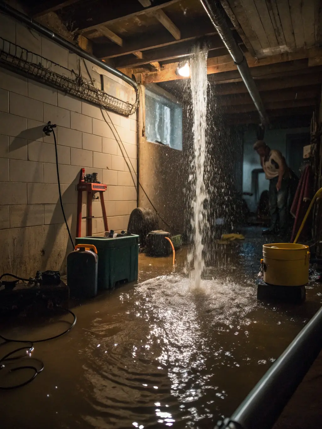 A photo of a flooded basement with technicians using water extraction equipment, emphasizing the urgency and professionalism of Colorado Water Restoration's response.