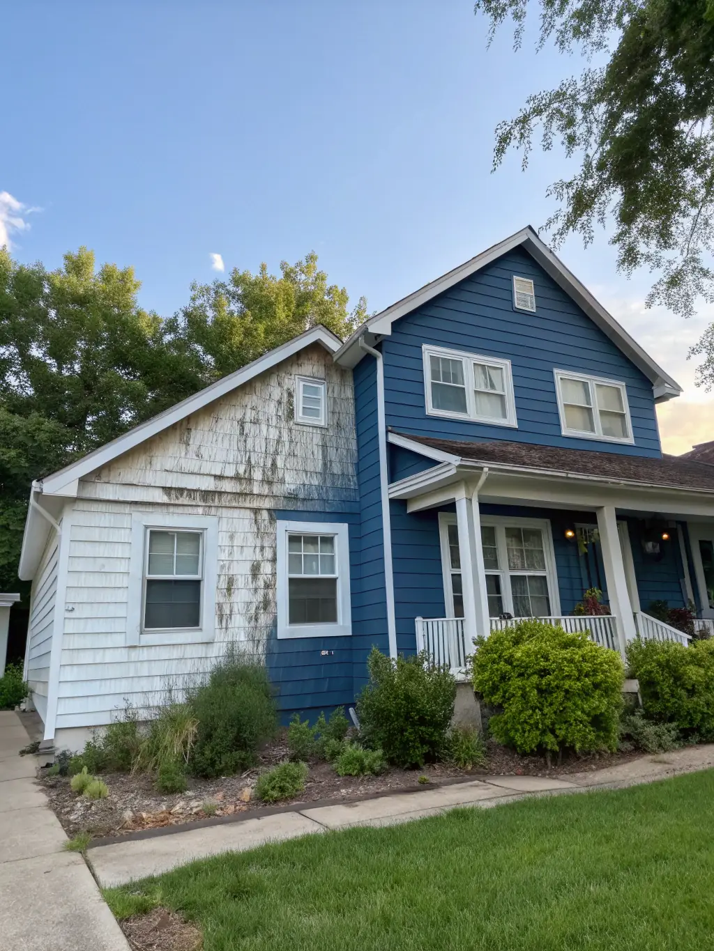 A before-and-after photo showing a restored home exterior after storm damage, demonstrating the complete reconstruction services offered by Colorado Water Restoration.