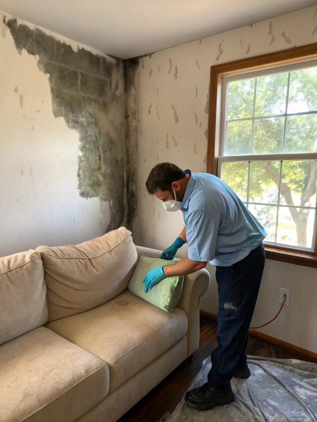 Image of a fire-damaged living room with restoration specialists cleaning soot from walls, showcasing the comprehensive cleanup process.