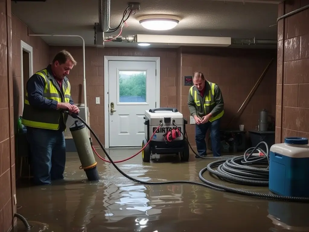 A flooded basement with restoration technicians using water extraction equipment. The scene should convey urgency and professionalism.